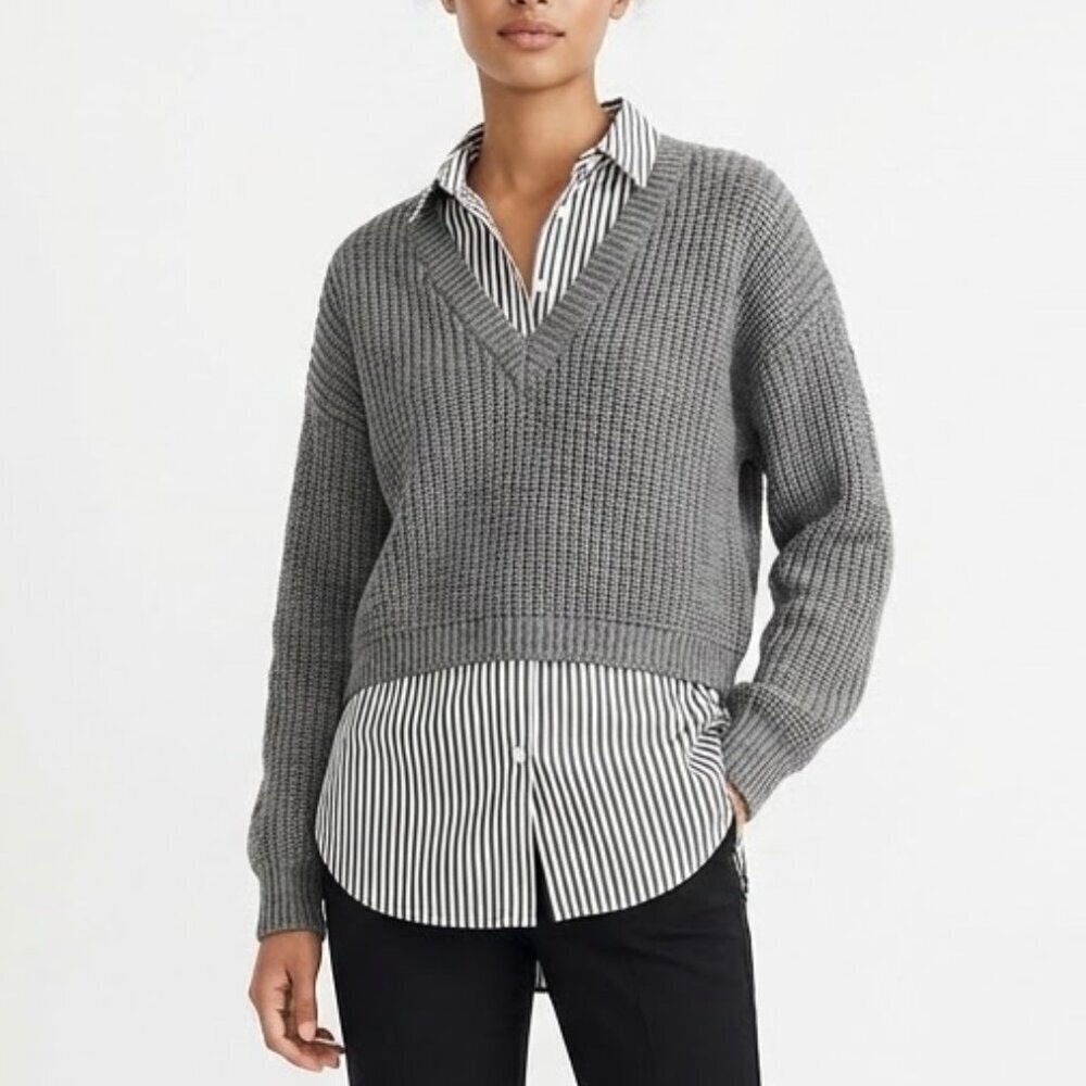 Lumiere Gray Layered Chunky Sweater with Striped Collared Undershirt Oversized
